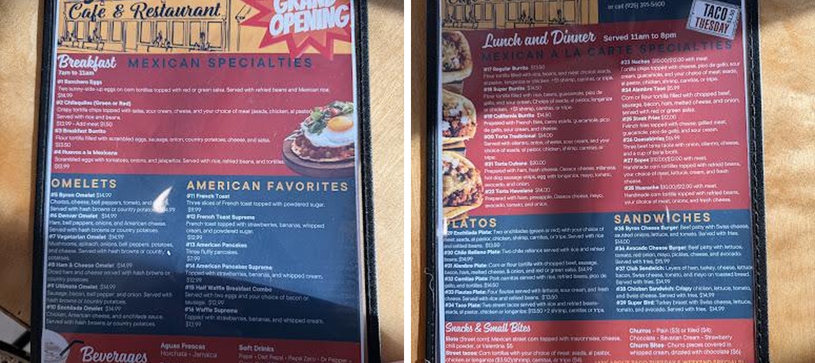 Byron Cafe & Restaurant Menu